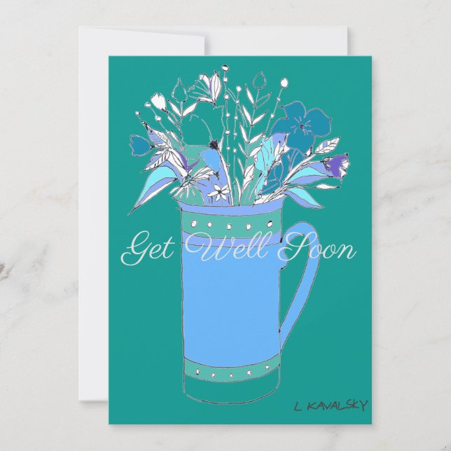 Teal Green Colourful Get Well Flowers In A Mug Car Holiday Card (Front)