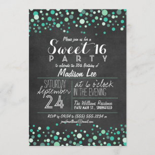 Teal Green Confetti Chalkboard Sweet 16 Party Invitation