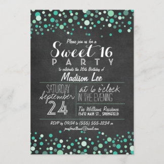 Teal Green Confetti Chalkboard Sweet 16 Party Invitation