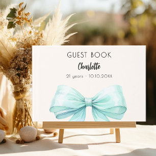 Teal green cream bow birthday guest book