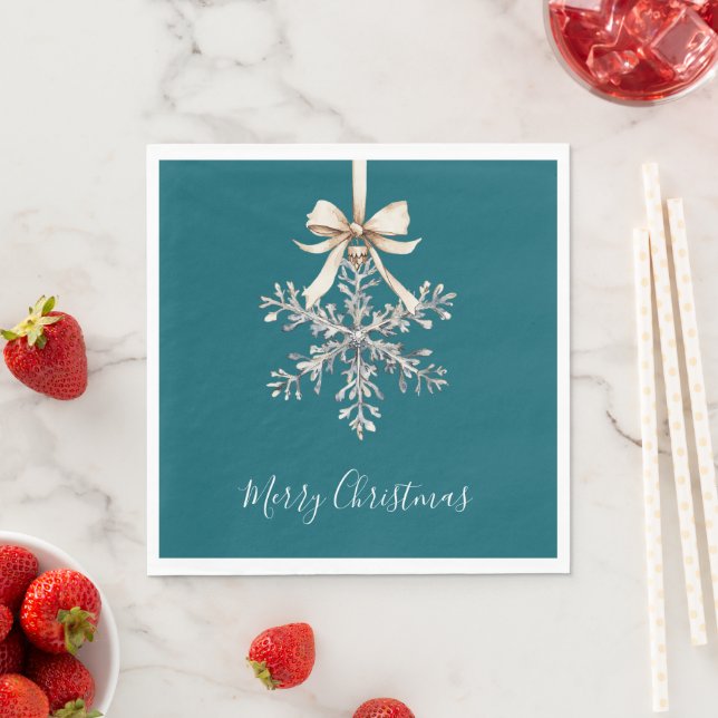 Teal Green Cream Bow Silver Snowflake Napkin (Insitu)