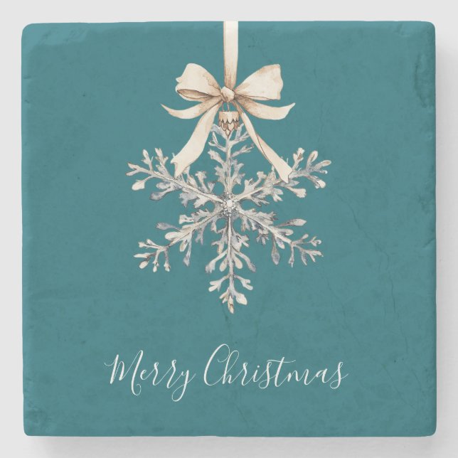 Teal Green Cream Bow Silver Snowflake Stone Coaster (Front)