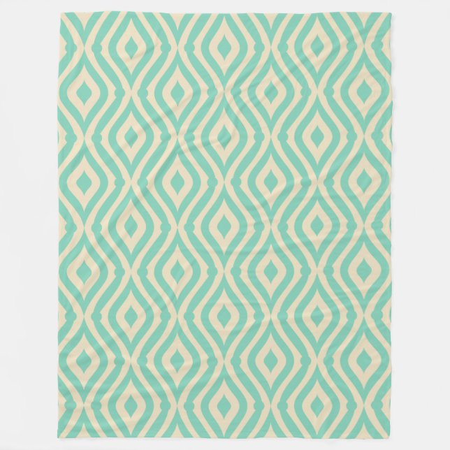 Teal-Green & Cream Retro Geometric Pattern Fleece Blanket (Front)