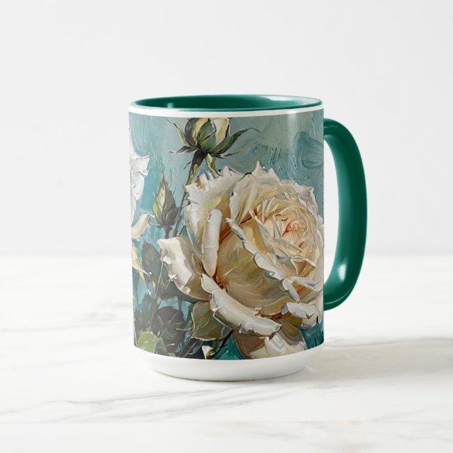 Teal Green Cream Roses Floral Design Mug (Front Right)