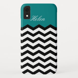 Teal Green Custom Name / Black and White Chevron iPhone XR Case