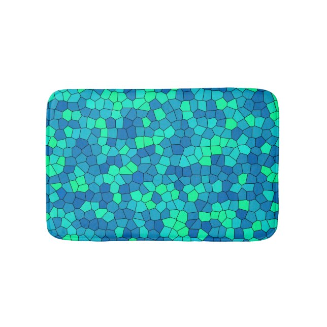 Teal Green Cyan Blue Stained Glass Pattern Bath Mat (Front)