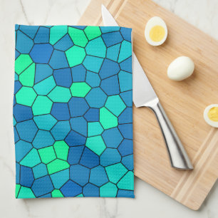 Teal Green Cyan Blue Stained Glass Pattern Tea Towel