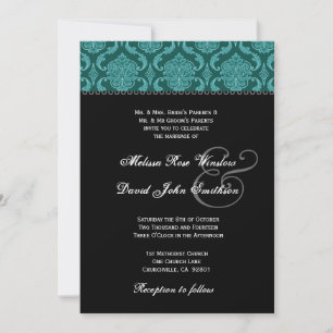 Teal Green Damask and Black Wedding Ver2 Invitation