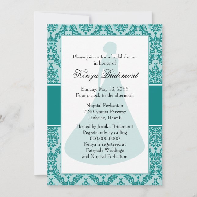 Teal Green Damask Bridal Shower Invitation (Front)