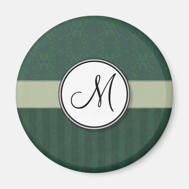 Teal Green Damask with Stripes and Monogram Magnet (Front)
