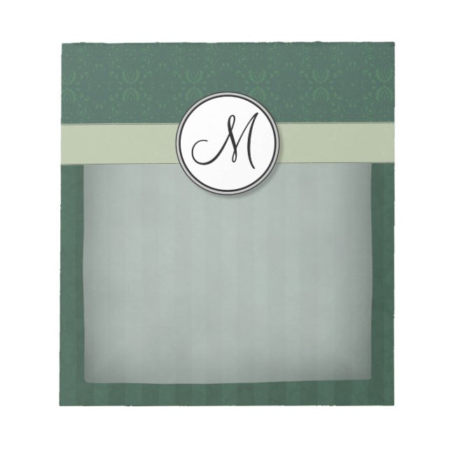 Teal Green Damask with Stripes and Monogram Notepad (Front)