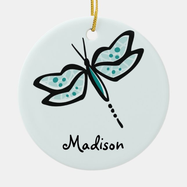 Teal Green Dragonfly Ceramic Ornament (Front)