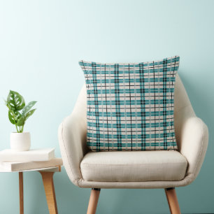 Teal Green Dusty Tan Primitive Plaid Cushion