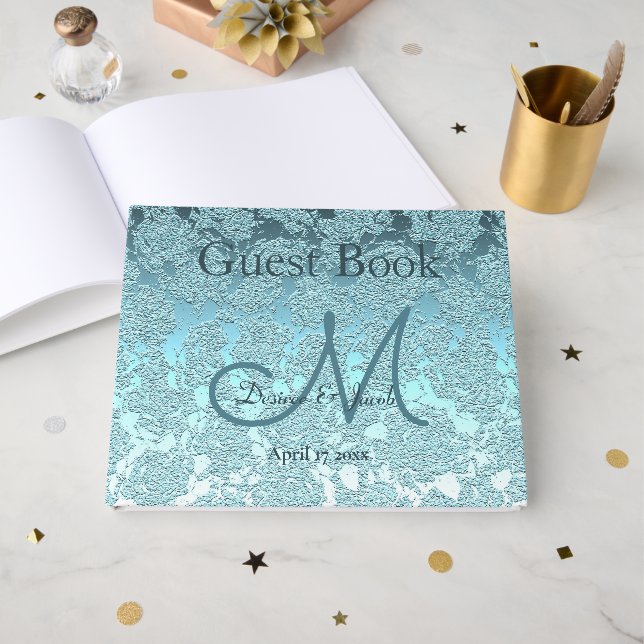 Teal Green Elegant Wedding Reception Monogram Guest Book (Front Open)