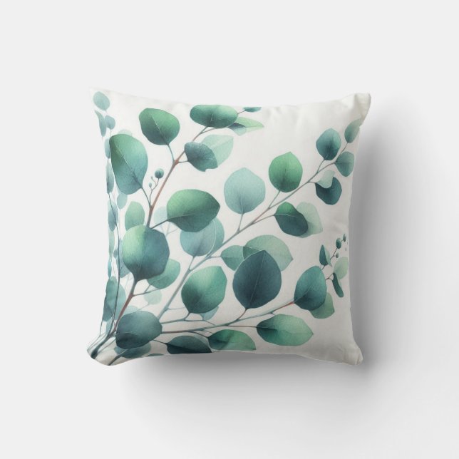 Teal Green Eucalyptus Leaves Botanical Greenery  Cushion (Front)