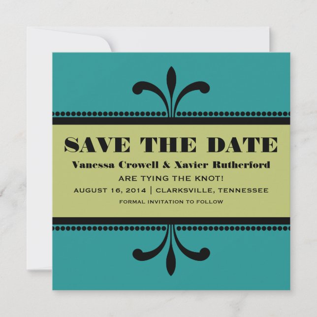 Teal/Green Fancy Art Deco Save the Date Invite (Front)