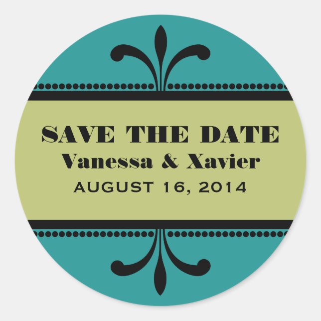 Teal/Green Fancy Art Deco Save the Date Stickers (Front)