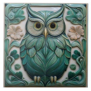 Teal green faux relief Art Nouveau Owl Ceramic Tile