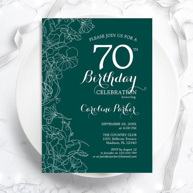 Teal Green Floral 70th Birthday Party Invitation (Creator Uploaded)