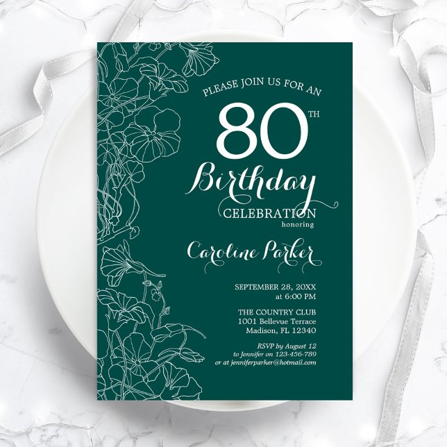 Teal Green Floral 80th Birthday Party Invitation (Creator Uploaded)