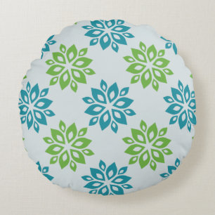 Teal & Green Floral Bloom Pattern Round Pillow