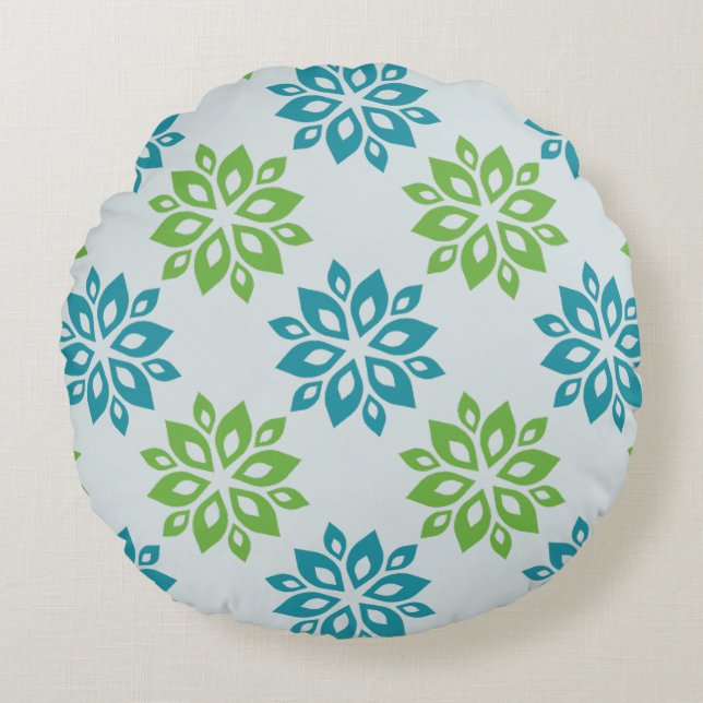 Teal  & Green Floral Bloom Pattern Round Pillow (Front)