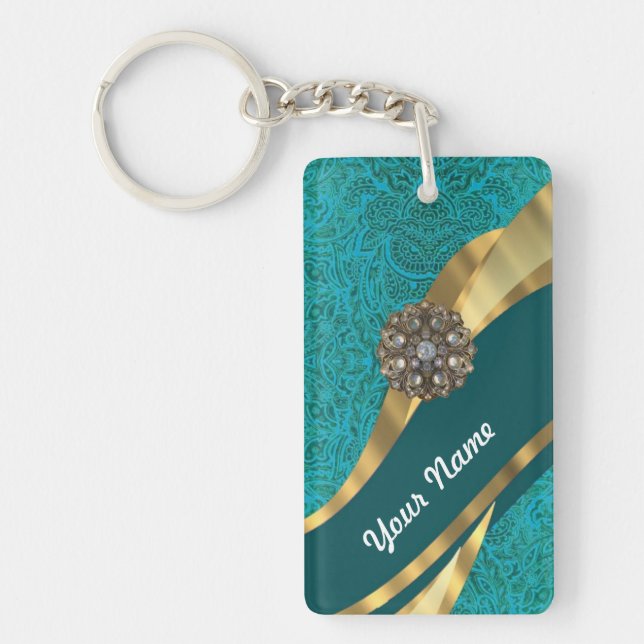 Teal green floral damask key ring (Front)