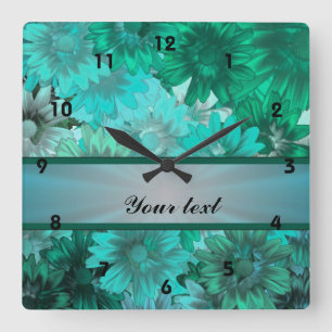 Teal green floral pattern square wall clock