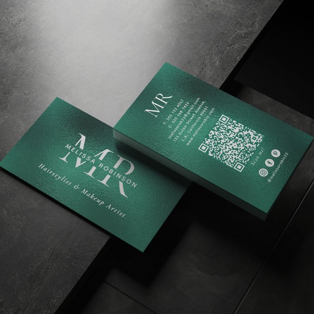 Teal Green Foil Monogram QR Code & Social Media Business Card (Creator Uploaded)
