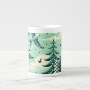 Teal Green Forest and Birds Pattern Bone China Mug