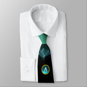 TEAL GREEN FRACTAL WAVES,SWIRLS,BLUE GEM MONOGRAM TIE