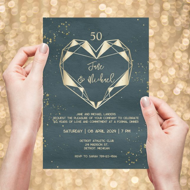 Teal Green Geometric Golden Heart 50th Anniversary Invitation (Creator Uploaded)