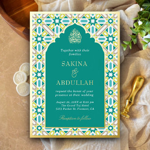 Teal Green Geometric Islamic Muslim Wedding Gold