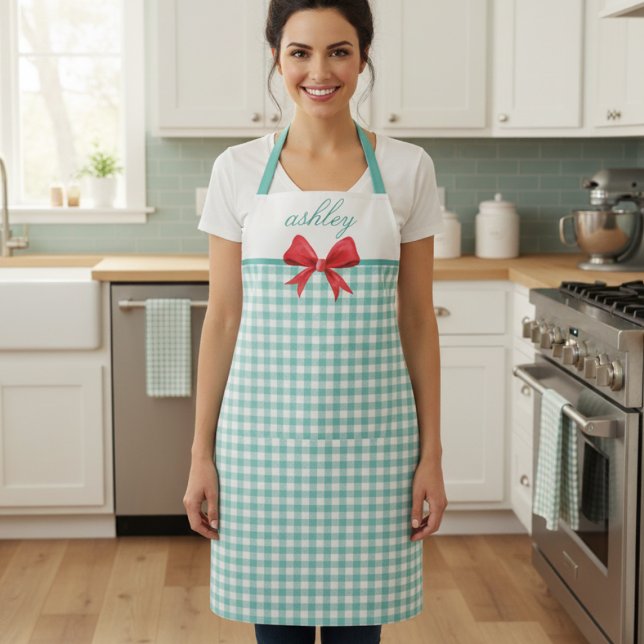 Teal Green Gingham Apron (sweet cottagecore coquette rustic retro teal green gingham apron with red bow with custom name)