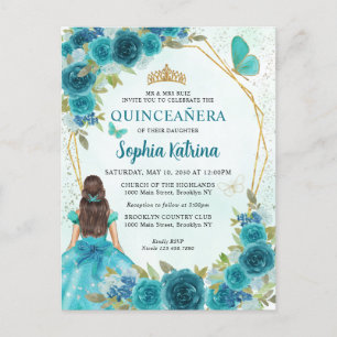 Teal Green Glam Gold Floral Princess Quinceañera Invitation Postcard