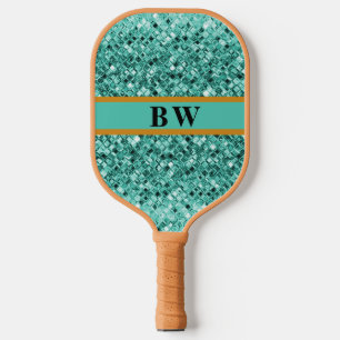 Teal Green Glitter Custom Name Monogram Tan Black Pickleball Paddle