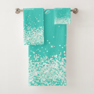 Teal green glitter dust name bath towel set