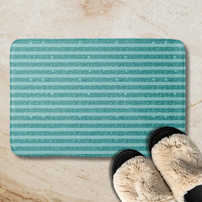 Teal Green Glitter Style Horizontal Stripes Bath Mat (Creator Uploaded)