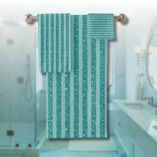Teal Green Glitter Style Horizontal Stripes Bath Towel Set (Creator Uploaded)