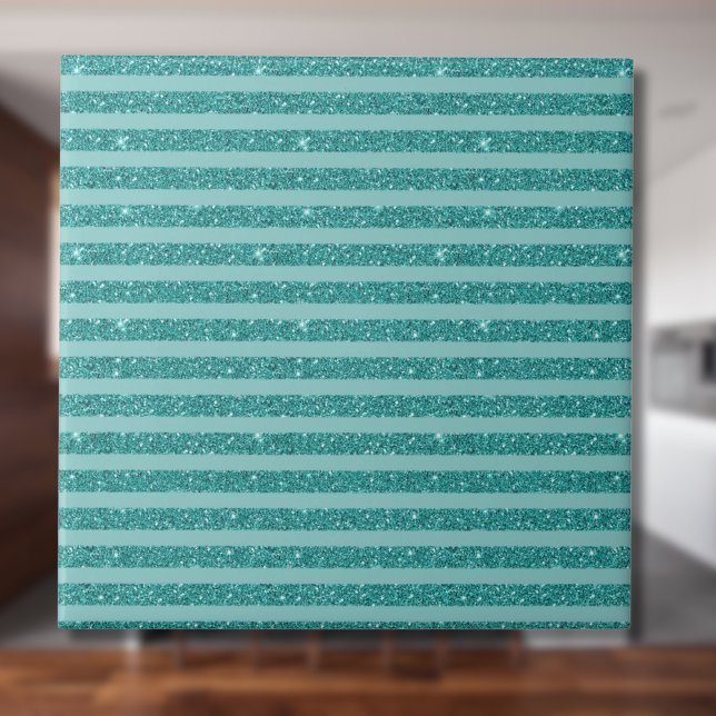 Teal Green Glitter Style Horizontal Stripes Ceramic Tile (Creator Uploaded)