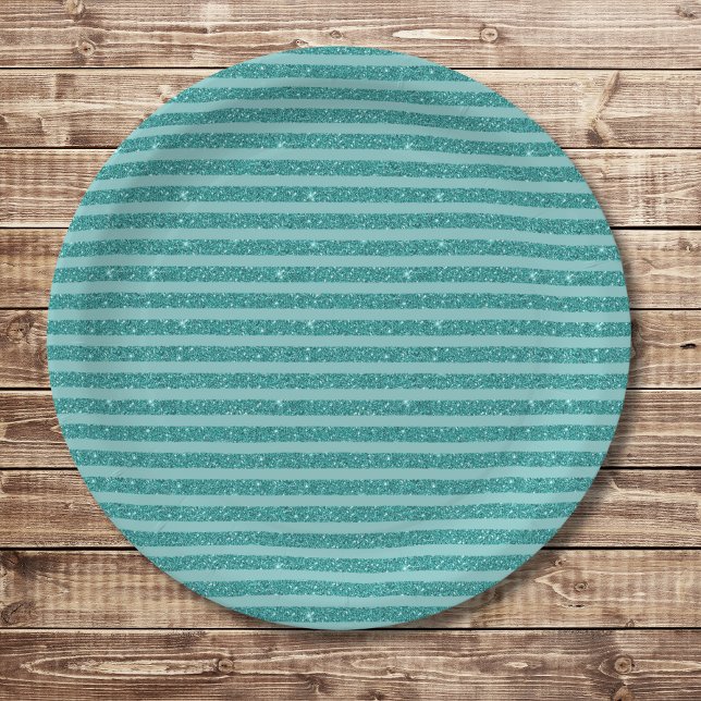 Teal Green Glitter Style Horizontal Stripes Paper Plate (Creator Uploaded)
