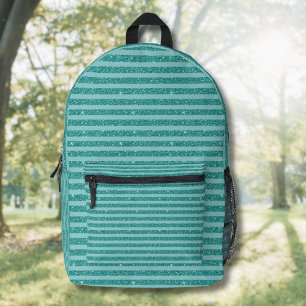 Teal Green Glitter Style Horizontal Stripes Printed Backpack