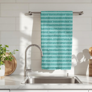 Teal Green Glitter Style Horizontal Stripes Tea Towel