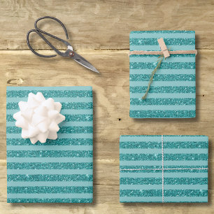 Teal Green Glitter Style Horizontal Stripes Wrapping Paper Sheet