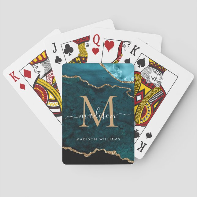 Teal Green Gold Agate Geode Glitter Monogram Playing Cards (Back)