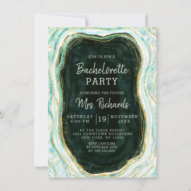 Teal Green & Gold Agate Marble Bachelorette Party Invitation (Front)