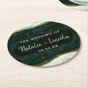 Teal Green & Gold Agate Marble Geode Monogram Round Paper Coaster