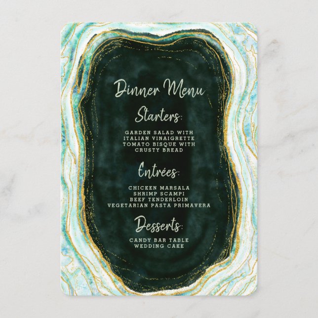 Teal Green & Gold Agate Marble Geode Rock Dinner Menu (Front)