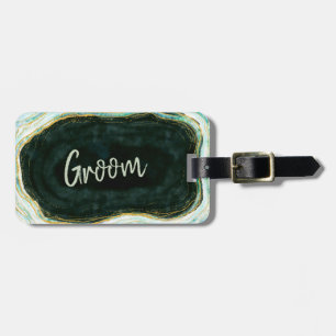 Teal Green & Gold Agate Marble Groom Travel Luggage Tag