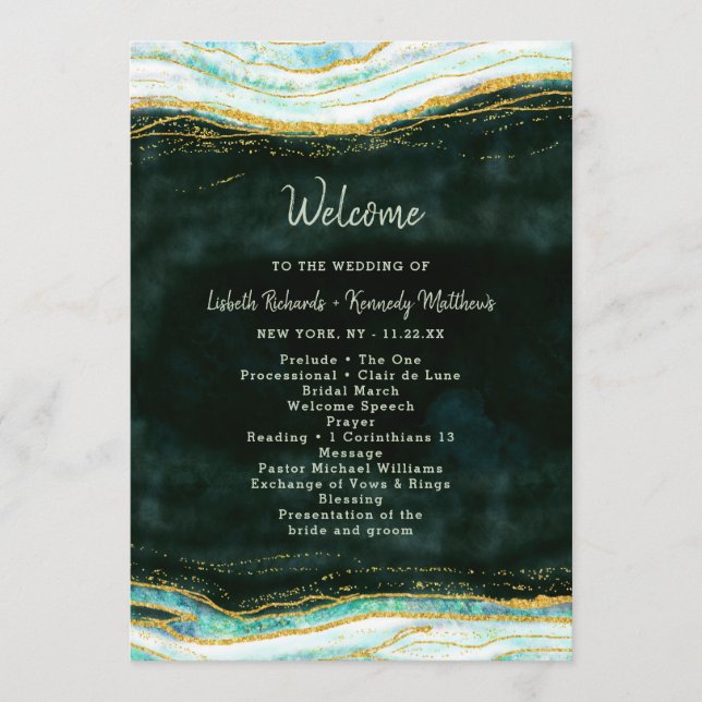 Teal Green & Gold Agate Marble Wedding Ceremony Program (Front)